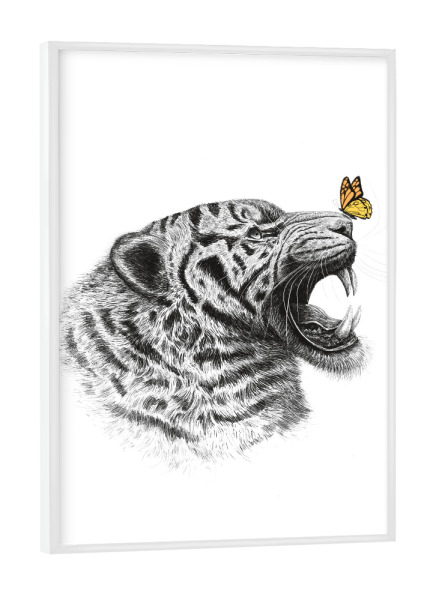 Poster mit weißem Rahmen "Tiger mit Schmetterling" artboxONE - Natur,Für Kinder,Tiere,Schwarzweiß