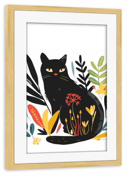 Poster mit Rahmen kiefer "Black cat and colorful flowers" artboxONE - Floral,Abstrakt