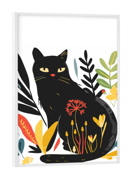 Poster mit weißem Rahmen "Black cat and colorful flowers" artboxONE - Floral,Abstrakt