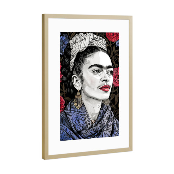 Poster mit Rahmen Gold "Frida-Porträt D" artboxONE - Menschen,Für Mama,Für Papa - Frida,Frida kahlo,Porträt,Illustration,Porträt frida kahlo