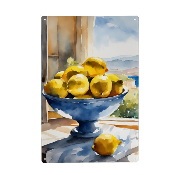 Metall Poster "Zitronen in Schale vor Fenster" artboxONE - Natur,Reise,Reise / Strand und Meer,Essen & Trinken / Obst & Gemüse