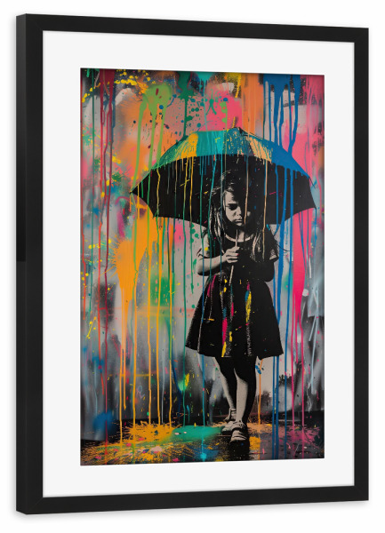 Poster mit Rahmen schwarz "Mädchen mit dem Schirm" artboxONE - Streetart - Regenschirm,Streetart,Retro,Bunt,Farben,Mädchen,Banksy,Deko,Pop art,New