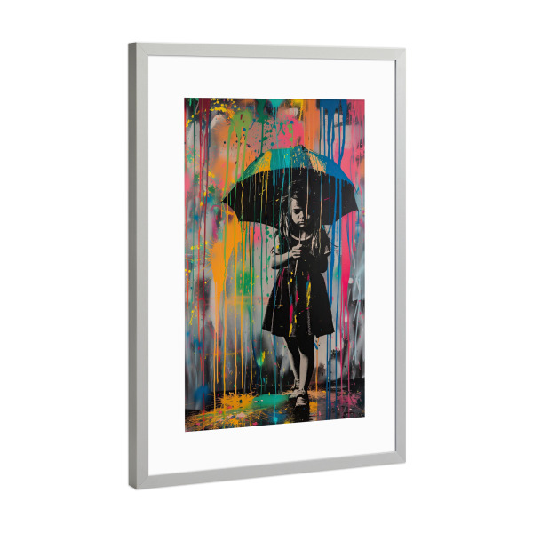 Poster mit Rahmen Silber "Mädchen mit dem Schirm" artboxONE - Streetart - Regenschirm,Streetart,Retro,Bunt,Farben,Mädchen,Banksy,Deko,Pop art,New