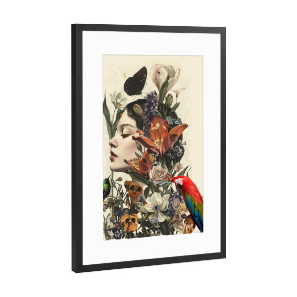 Poster mit Rahmen Schwarz (Metallic) "Face with flowers collage art" artboxONE - Floral,Menschen