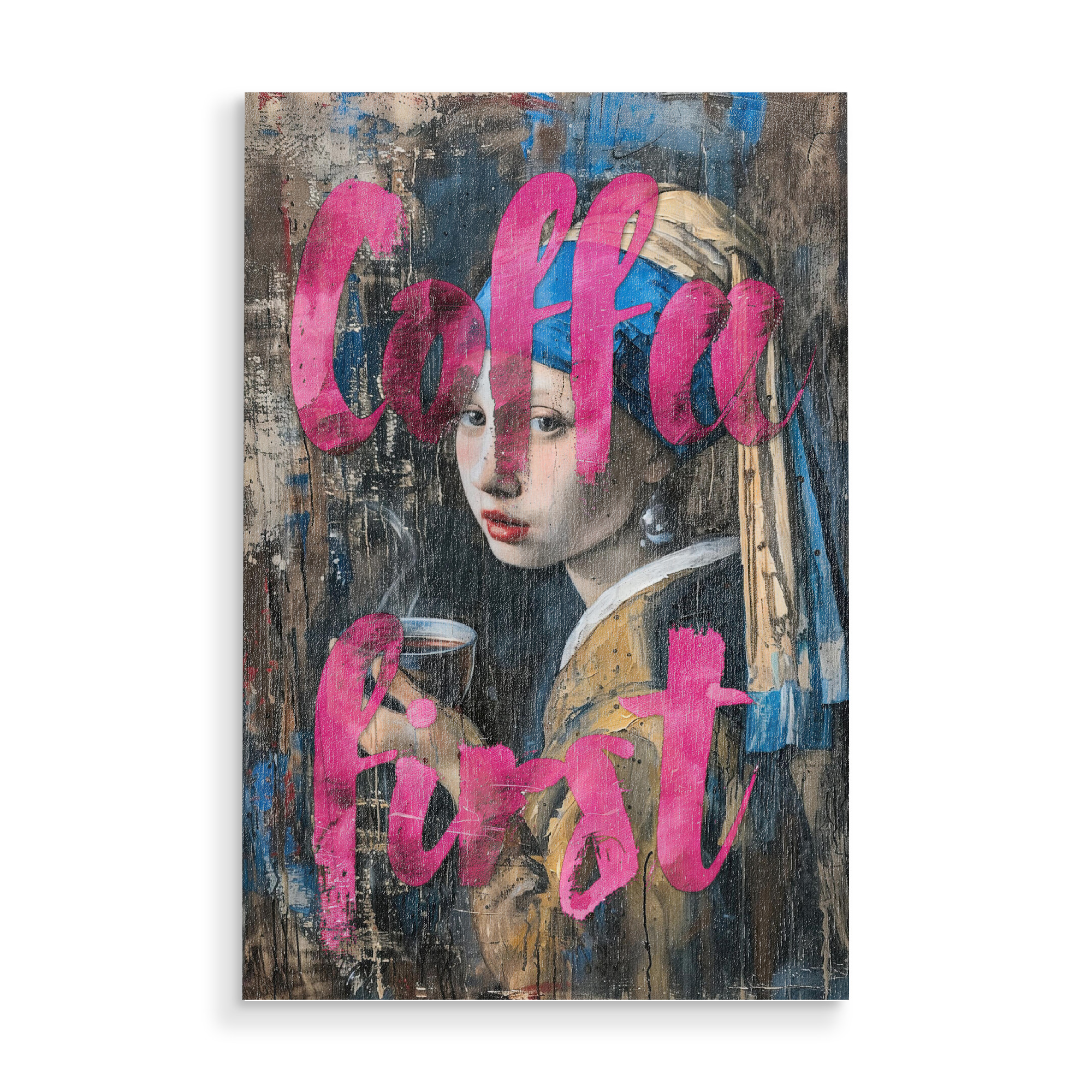 Holzbild "Coffee first x Vermeer" artboxONE - Lustig - Vermeer,Kaffee,Tasse,Morgen,Küche,Lustig,Spruch,Pop art,Gemälde,Klassik
