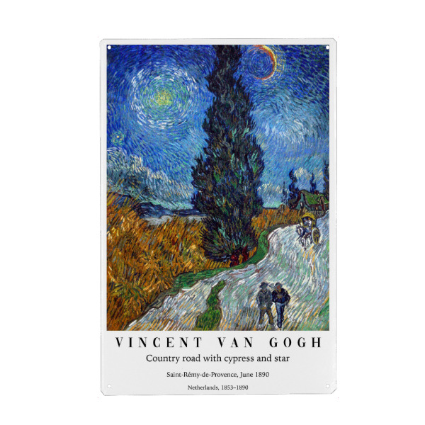 Holzbild "Straße mit Zypresse und Sternen" artboxONE - Typografie,Natur,Menschen