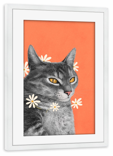 Poster mit Rahmen weiß "Katze mit Kamillenblüten" artboxONE - Floral,Für Kinder,Tiere,Für Mama,Lustig
