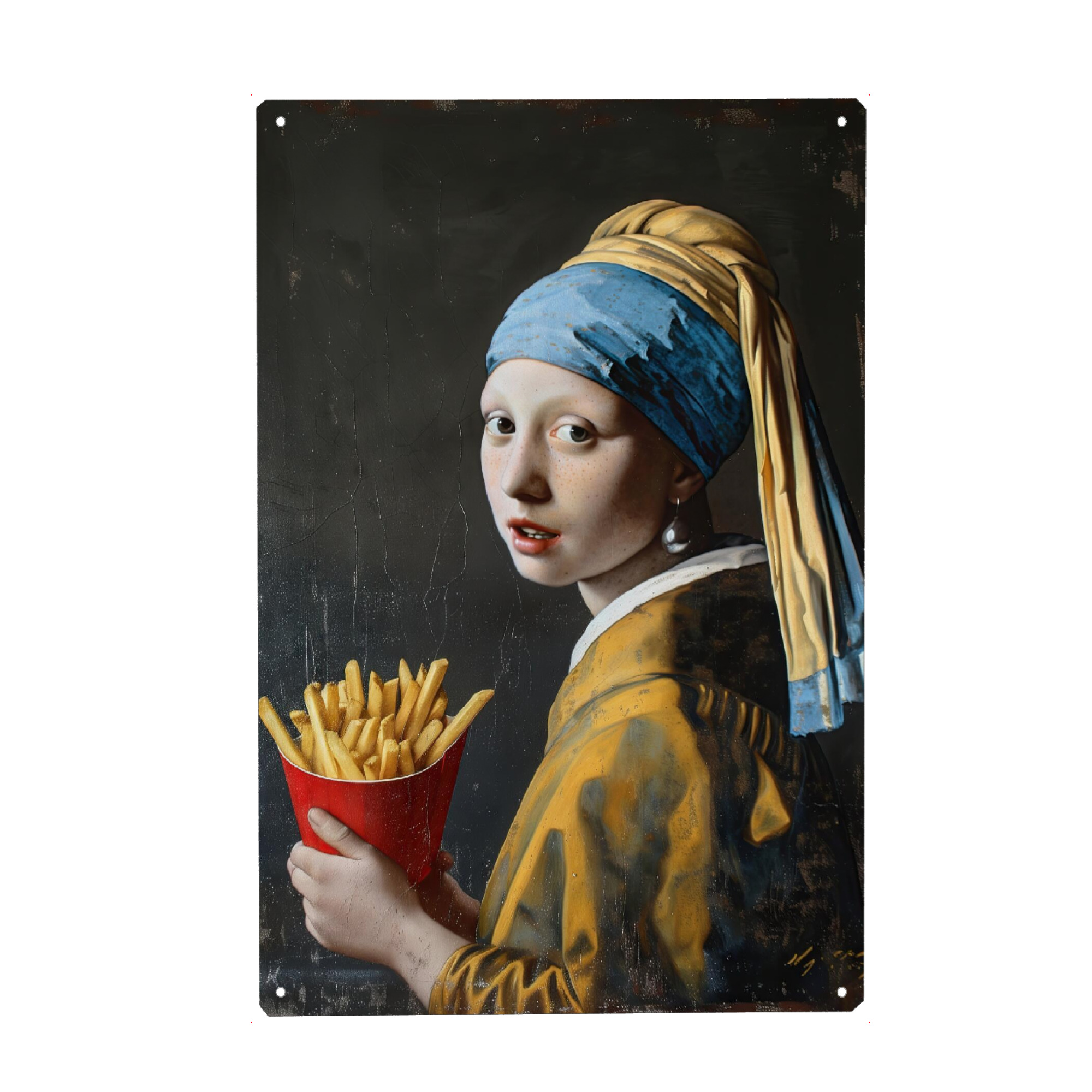 Holzbild "Mädchen mit den Pommes" artboxONE - Streetart - Mädchen,Perlen,Ohrringe,Vermeer,Klassisch,Pommes,Lustig