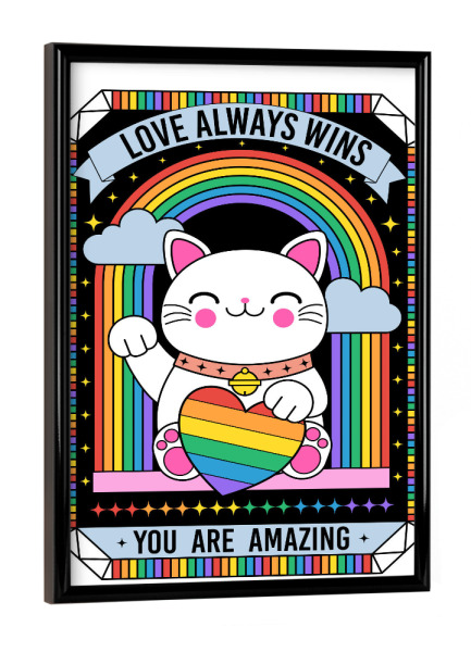 Poster mit schwarzem Rahmen "Glückskatze mit Regenbogen" artboxONE - Tiere,Menschen