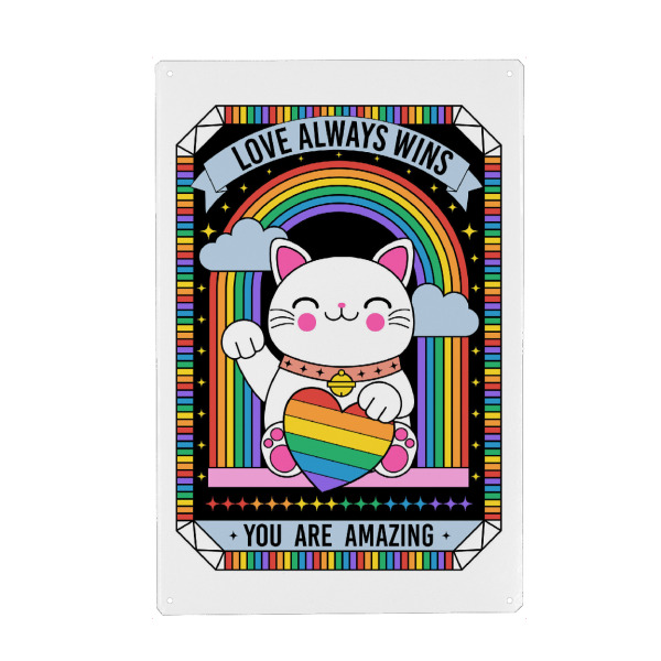 Metall Poster "Glückskatze mit Regenbogen" artboxONE - Tiere,Menschen