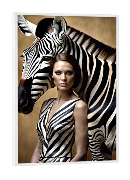 Poster mit weißem Rahmen "Frau mit Zebra" artboxONE - Tiere,Menschen - Frau,Portrait,Zebta,Surreal,Digitale kunst,Kunst,Künstlerisch