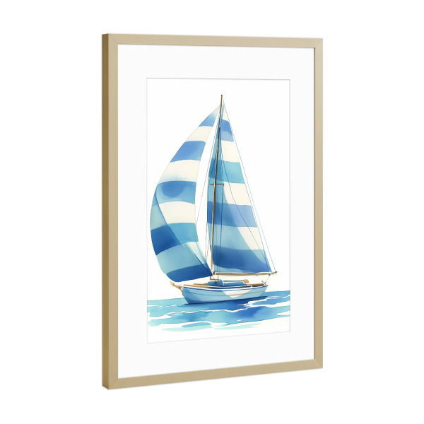 Poster mit Rahmen Gold "Blaues Segelboot" artboxONE - Natur,Für Kinder,Reise / Strand und Meer