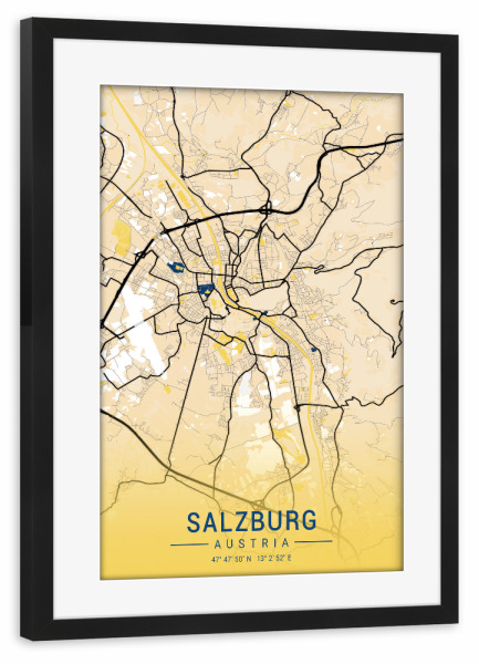 Poster mit Rahmen schwarz "City von Salzburg" artboxONE - Städte / Weitere,Kartografie - Stadt,Karte,Salzburg,österreich,Gelb