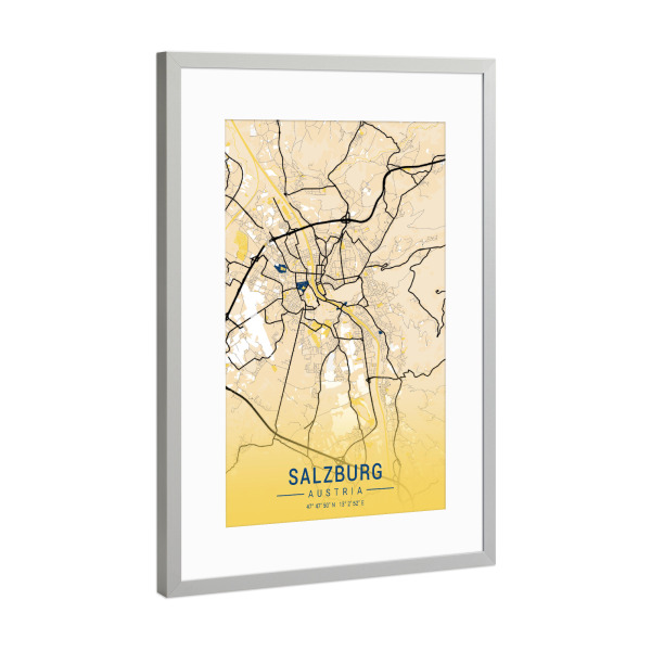 Poster mit Rahmen Silber "City von Salzburg" artboxONE - Städte / Weitere,Kartografie - Stadt,Karte,Salzburg,österreich,Gelb