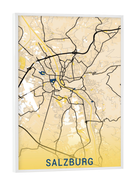 Poster mit weißem Rahmen "City von Salzburg" artboxONE - Städte / Weitere,Kartografie - Stadt,Karte,Salzburg,österreich,Gelb