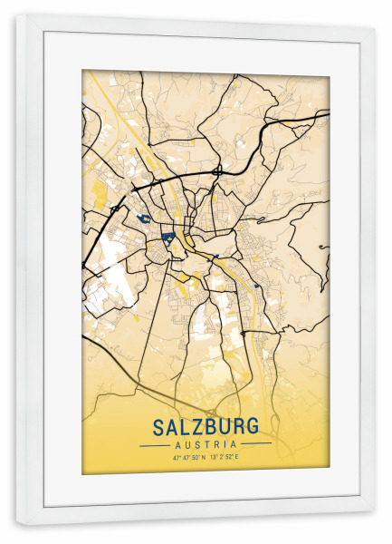 Poster mit Rahmen weiß "City von Salzburg" artboxONE - Städte / Weitere,Kartografie - Stadt,Karte,Salzburg,österreich,Gelb