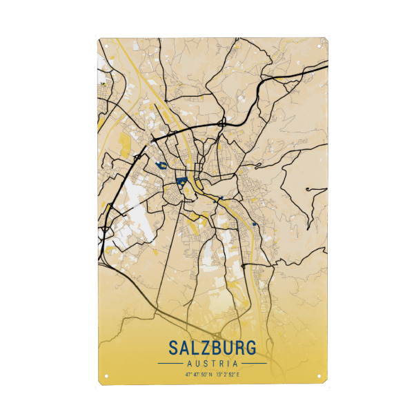 Metall Poster "City von Salzburg" artboxONE - Städte / Weitere,Kartografie - Stadt,Karte,Salzburg,österreich,Gelb - Blechschild
