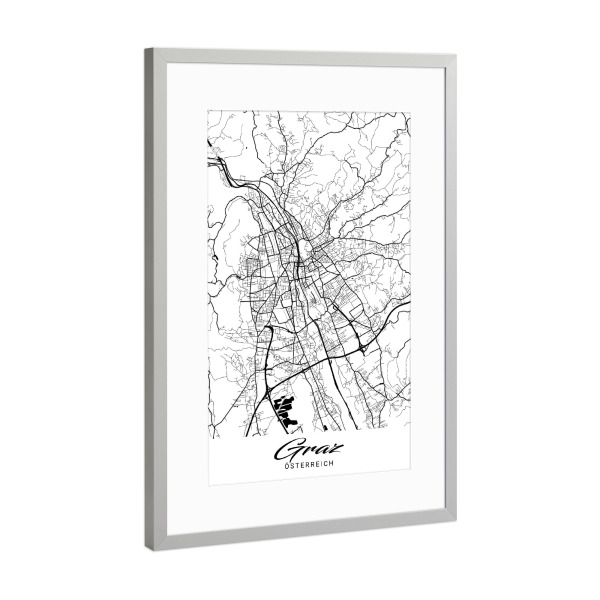 Poster mit Rahmen Silber "Graz City Map" artboxONE - Schwarzweiß,Städte / Weitere,Kartografie