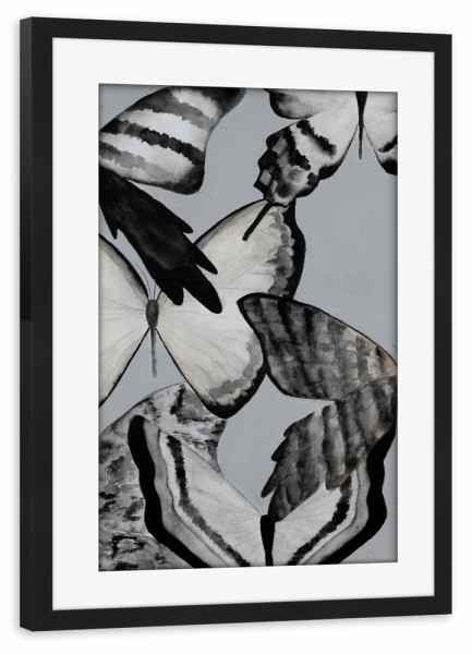 Poster mit Rahmen schwarz "Papillon" artboxONE - Tiere - Schmetterling,Butterfly,Papillon,Schwarz,Weiß,Beige,Grau,Malerei,Modern