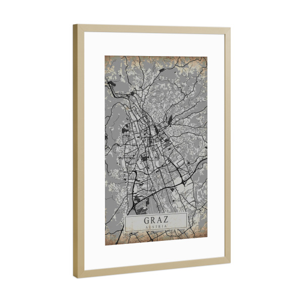 Poster mit Rahmen Gold "Retro City Graz" artboxONE - Städte / Weitere,Kartografie