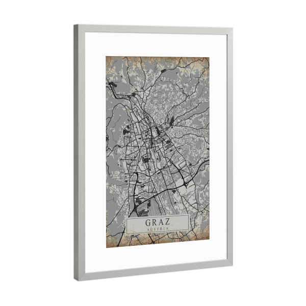 Poster mit Rahmen Silber "Retro City Graz" artboxONE - Städte / Weitere,Kartografie