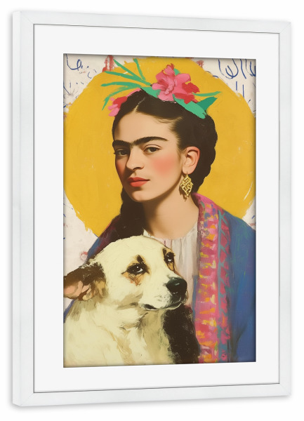 Poster mit Rahmen weiß "Fridas treuer Begleiter" artboxONE - Floral,Tiere,Menschen