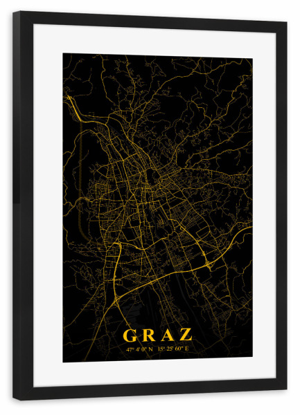 Poster mit Rahmen schwarz "Graz als Stadtplan" artboxONE - Städte / Weitere,Kartografie