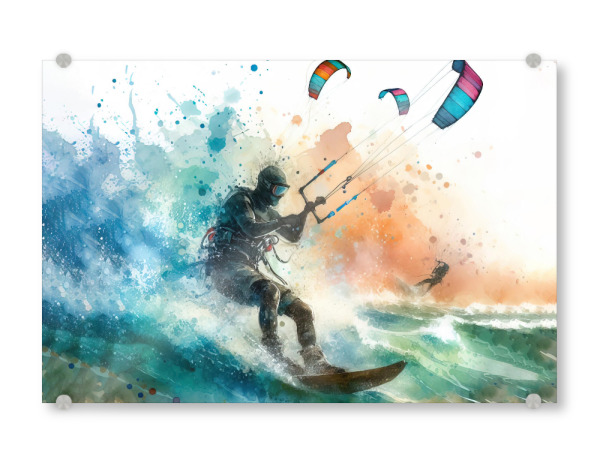 Acrylglasbild "Kitesurfen in Aquarell F" artboxONE - Sport,Sport / Motivation - Sport,Sportler,Farbe,Aquarell,Zeichnung,Aktion,Meer,Surfen,Surfdrachen