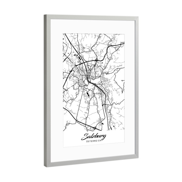 Poster mit Rahmen Silber "Salzburg City Map" artboxONE - Städte / Weitere,Kartografie
