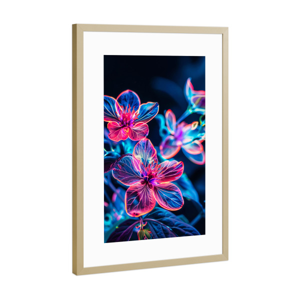Poster mit Rahmen Gold "Blumen Neon B (matart)" artboxONE - Natur - Blumen,Natur,Neon,Modern,Kunst