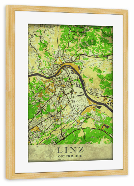 Poster mit Rahmen kiefer "Linz Vintage City Map" artboxONE - Städte / Weitere,Kartografie