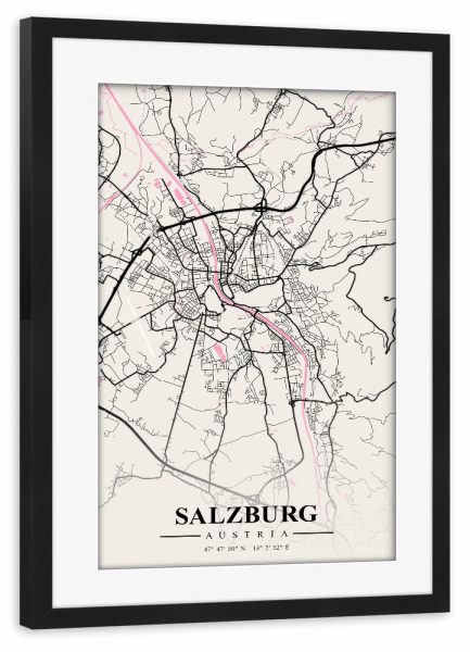 Poster mit Rahmen schwarz "City Salzburg" artboxONE - Städte / Weitere,Kartografie