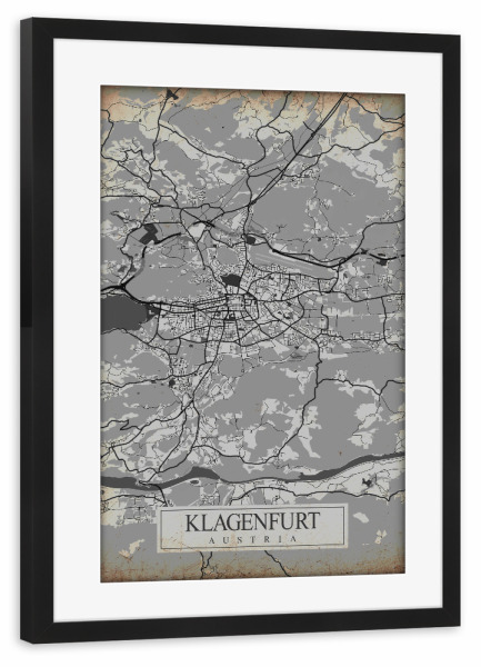 Poster mit Rahmen schwarz "Retro Klagenfurt City" artboxONE - Städte / Weitere,Kartografie