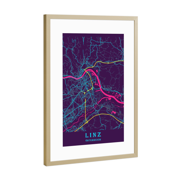 Poster mit Rahmen Gold "Map Linz" artboxONE - Städte / Weitere,Kartografie