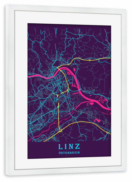 Poster mit Rahmen weiß "Map Linz" artboxONE - Städte / Weitere,Kartografie