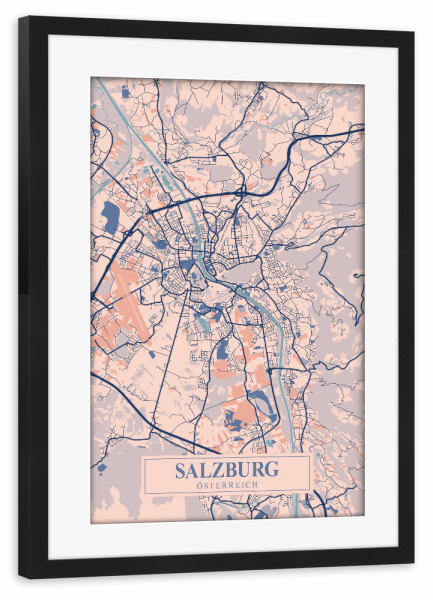Poster mit Rahmen schwarz "Salzburg Stadt Map" artboxONE - Städte / Weitere,Kartografie