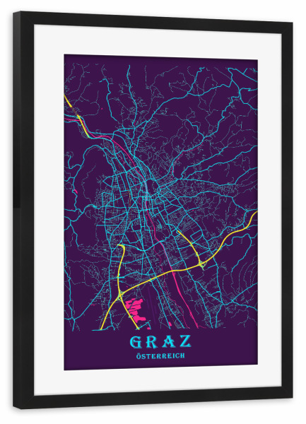 Poster mit Rahmen schwarz "Map Graz" artboxONE - Städte / Weitere,Kartografie