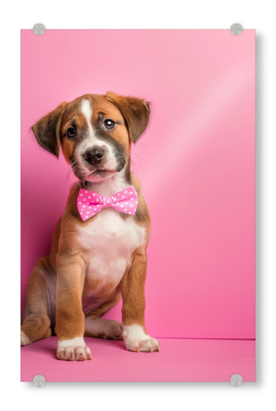 Acrylglasbild "Welpe mit Fliege" artboxONE - Tiere - Hund,Welpe,Tier,Süß,Fliege,Rosa,Pink,Niedlich