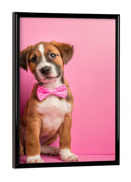 Poster mit schwarzem Rahmen "Welpe mit Fliege" artboxONE - Tiere - Hund,Welpe,Tier,Süß,Fliege,Rosa,Pink,Niedlich