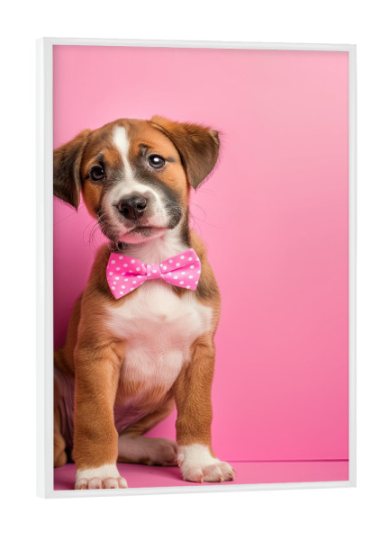 Poster mit weißem Rahmen "Welpe mit Fliege" artboxONE - Tiere - Hund,Welpe,Tier,Süß,Fliege,Rosa,Pink,Niedlich