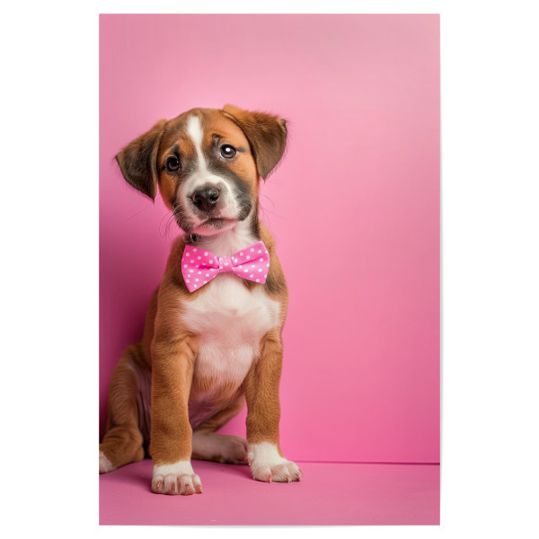 Poster "Welpe mit Fliege" artboxONE - Tiere - Hund,Welpe,Tier,Süß,Fliege,Rosa,Pink,Niedlich