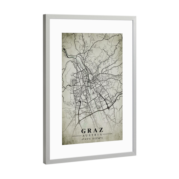 Poster mit Rahmen Silber "Graz Vintage CityMap" artboxONE - Städte / Weitere,Kartografie