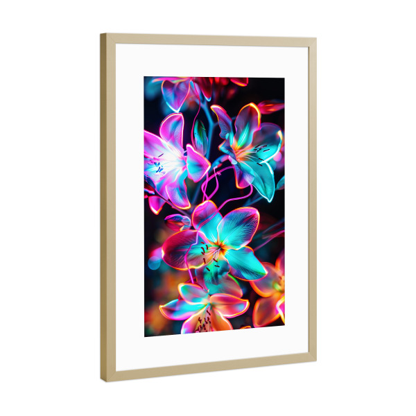Poster mit Rahmen Gold "Blumen Neon E (matart)" artboxONE - Natur,Floral - Flowers,Nature,Neon,Modern,Art