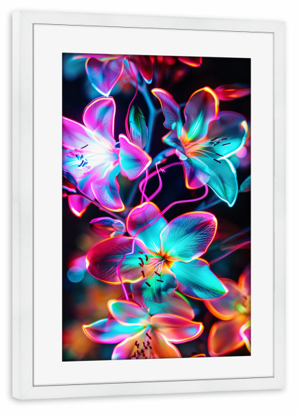 Poster mit Rahmen weiß "Blumen Neon E (matart)" artboxONE - Natur,Floral - Flowers,Nature,Neon,Modern,Art
