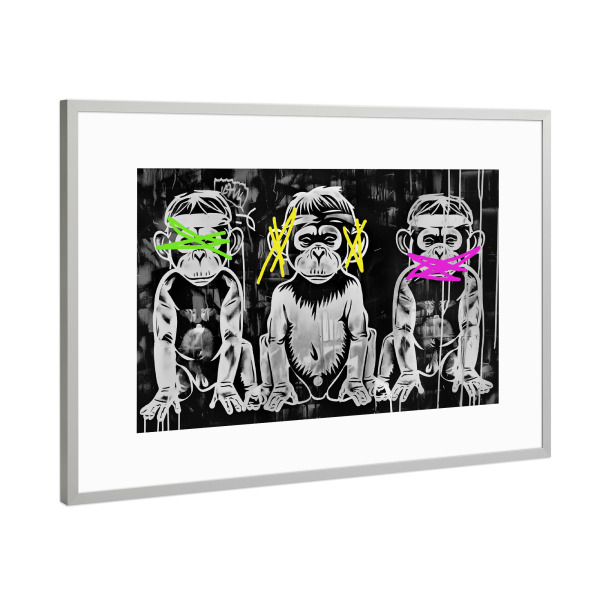 Poster mit Rahmen Silber "Drei weise Affen | Banksy Stil" artboxONE - Tiere,Schwarzweiß,Streetart,Lustig