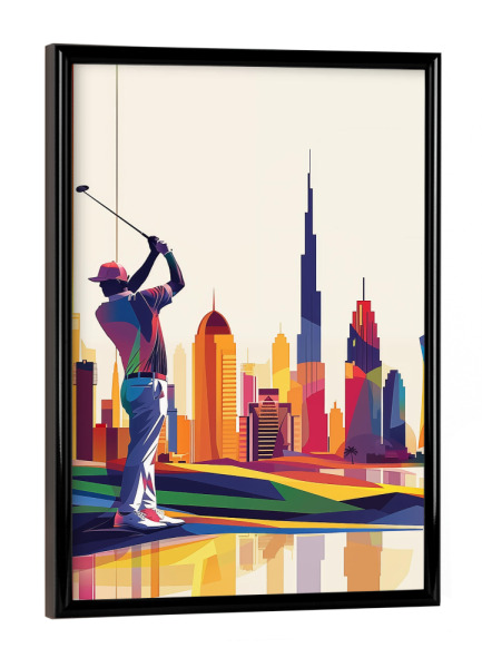 Poster mit schwarzem Rahmen "Golfer spielt Golf in Dubai" artboxONE - Reise,Sport,Städte / Dubai