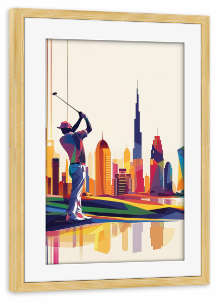 Poster mit Rahmen kiefer "Golfer spielt Golf in Dubai" artboxONE - Reise,Sport,Städte / Dubai