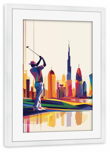 Poster mit Rahmen weiß "Golfer spielt Golf in Dubai" artboxONE - Reise,Sport,Städte / Dubai
