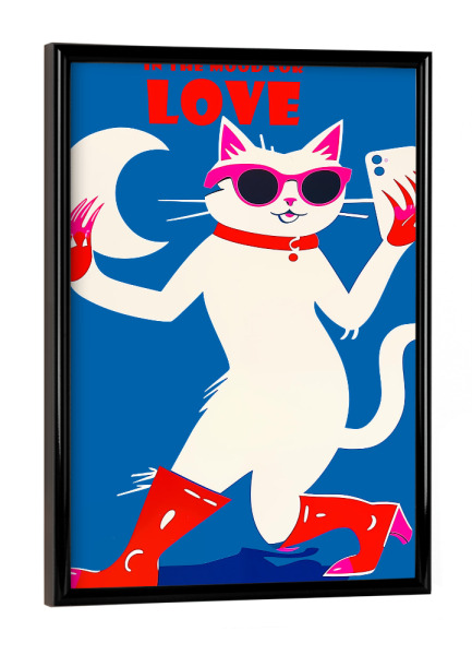 Poster mit schwarzem Rahmen "Weiße Katze hat Lust auf Liebe" artboxONE - Tiere,Comic,Lustig