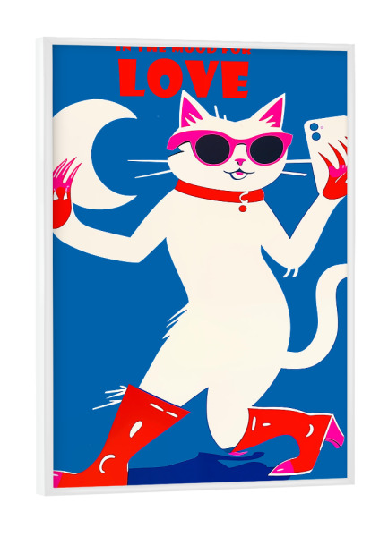 Poster mit weißem Rahmen "Weiße Katze hat Lust auf Liebe" artboxONE - Tiere,Comic,Lustig